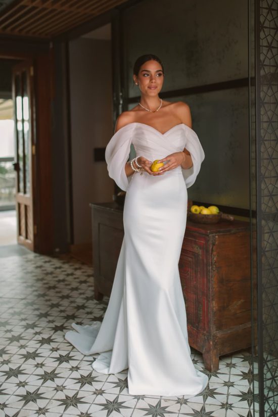 White Simple Wedding Dress Satin Fabric Square Neck Long Sleeves ALin   Bridelily